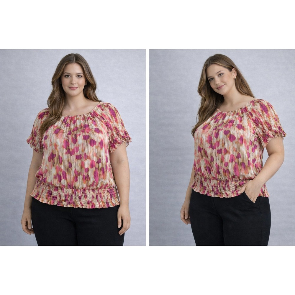 Sunny Leigh Women Blouse XL Coral Pink Smocked Floral Boho Cottagecore